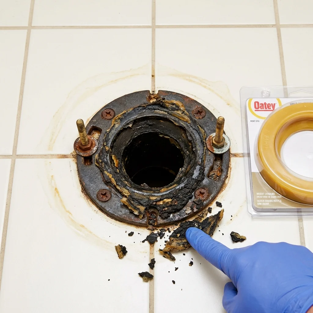 Failed wax ring showing water seepage at the base of a toilet in a Jamestown, NY home