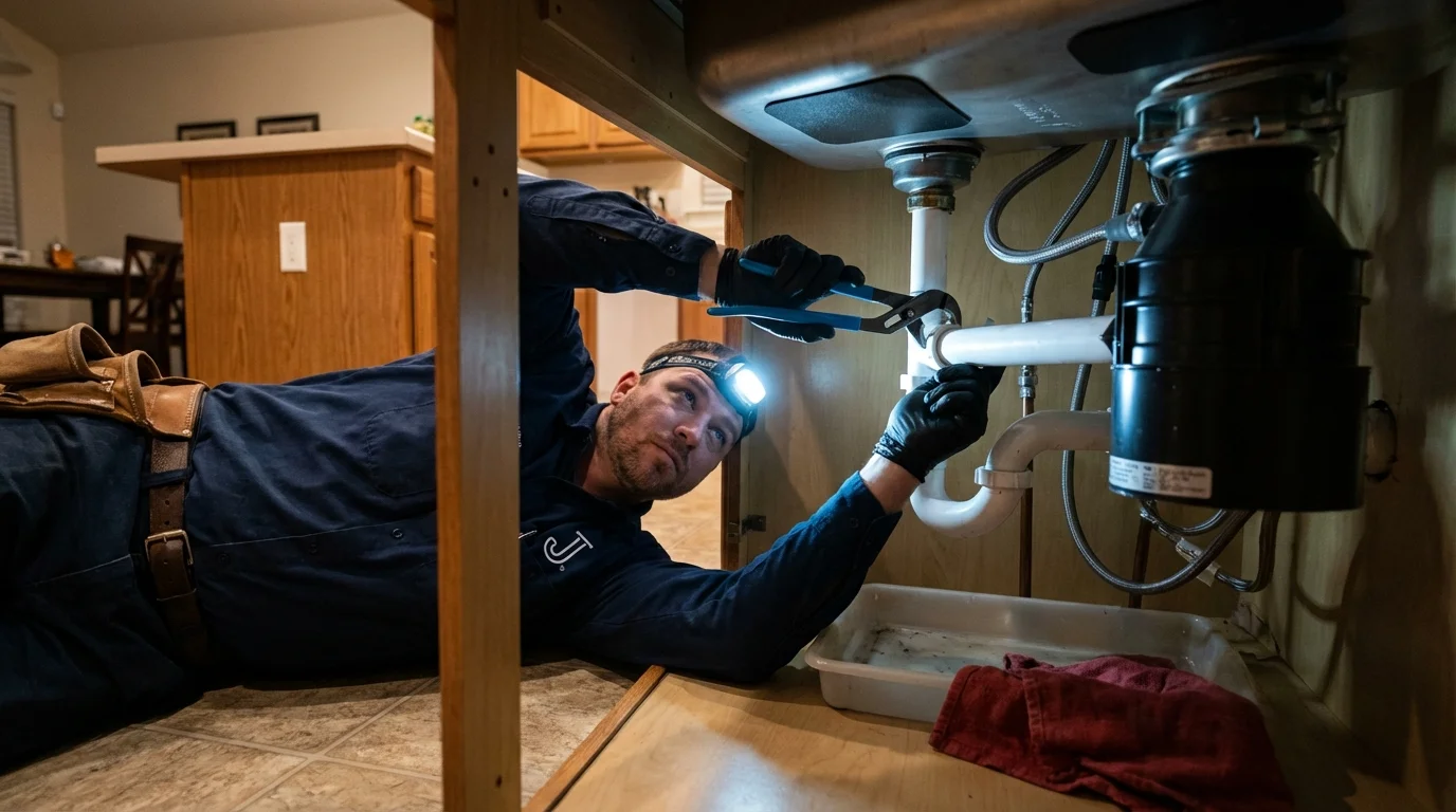 P-trap and supply line connections under a kitchen sink showing a common leak point in Jamestown, NY